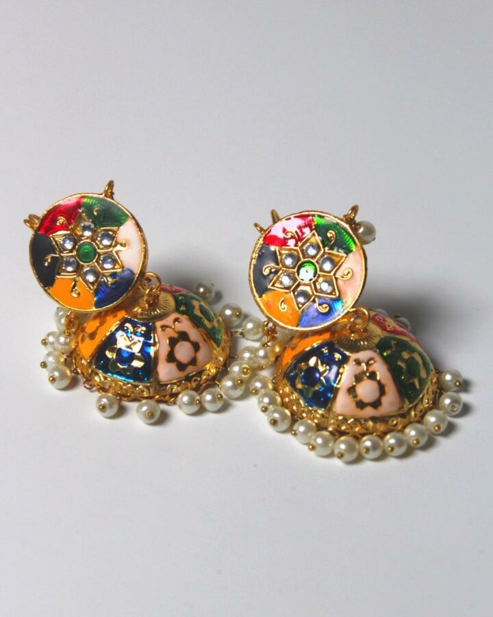 Peacock Meenakari Jhumka - Multicolour- Gold