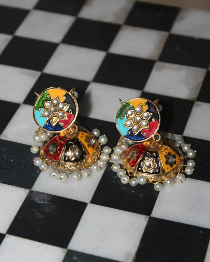 Peacock Meenakari Jhumka - Multicolour- Gold