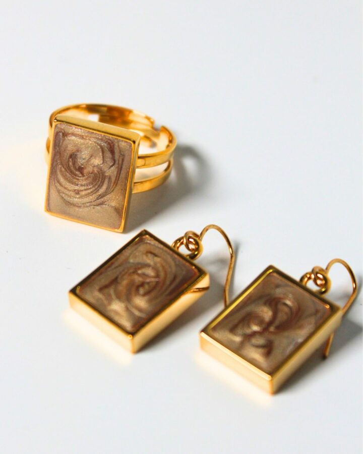 Marble Earring & Adjustable Ring - Toffee - Bundle