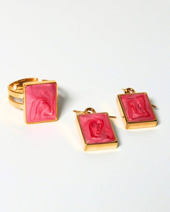 Marble Earring & Adjustable Ring - Pink - Bundle