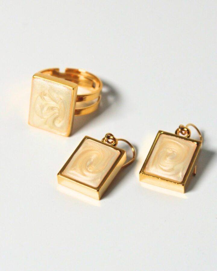 Marble Earring & Adjustable Ring - Cream - Bundle