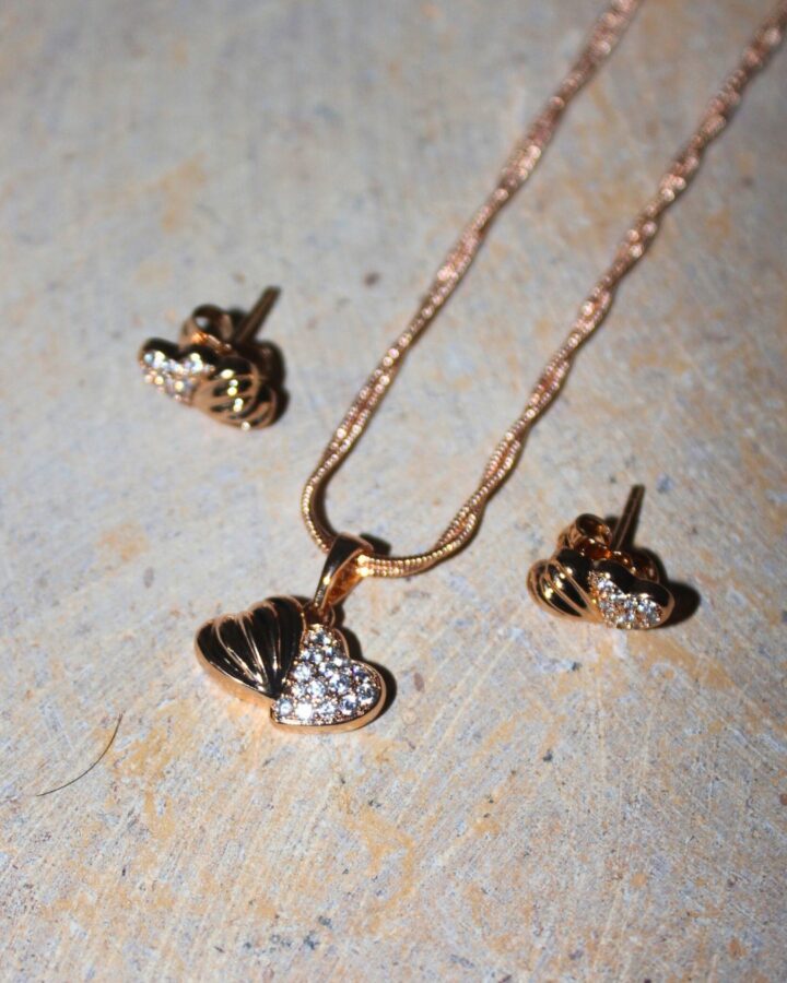 Double Heart Necklace & Earring Set - Gold