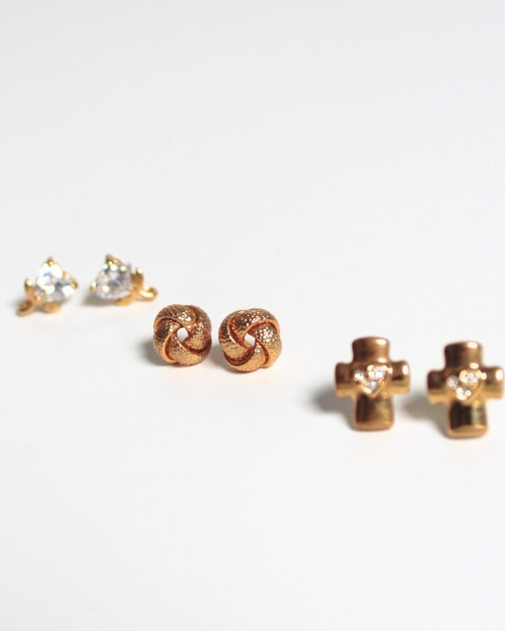 Little Knot & Heart Tulip & Cross Heart Studs - Gold - Pack of 3